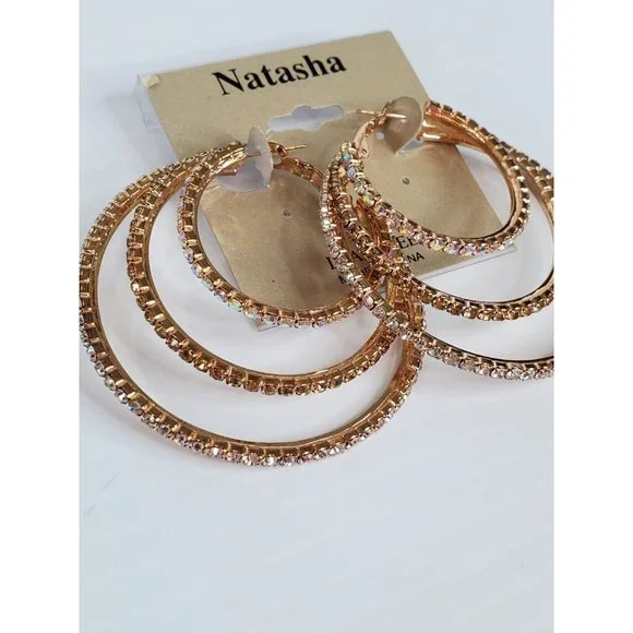 Natash Gold Tone Triple Hoop Pave Hoop Earrings - Picture 3 of 5